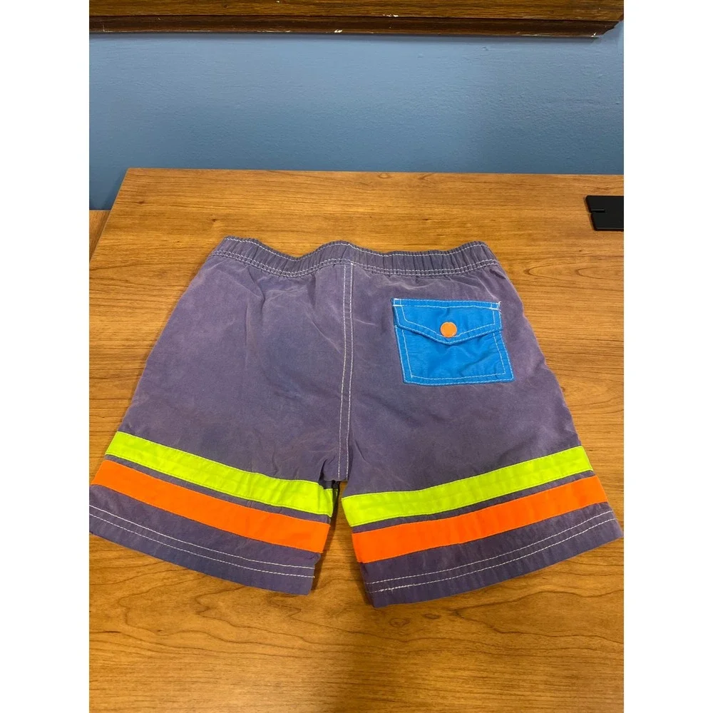 Boden Kids Purple Blue Neon Striped Swim Trunks Board Shorts Size 6-7Y 122cm